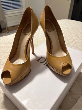 Dior Camel Patent Leather Peep-Toe Stilettos